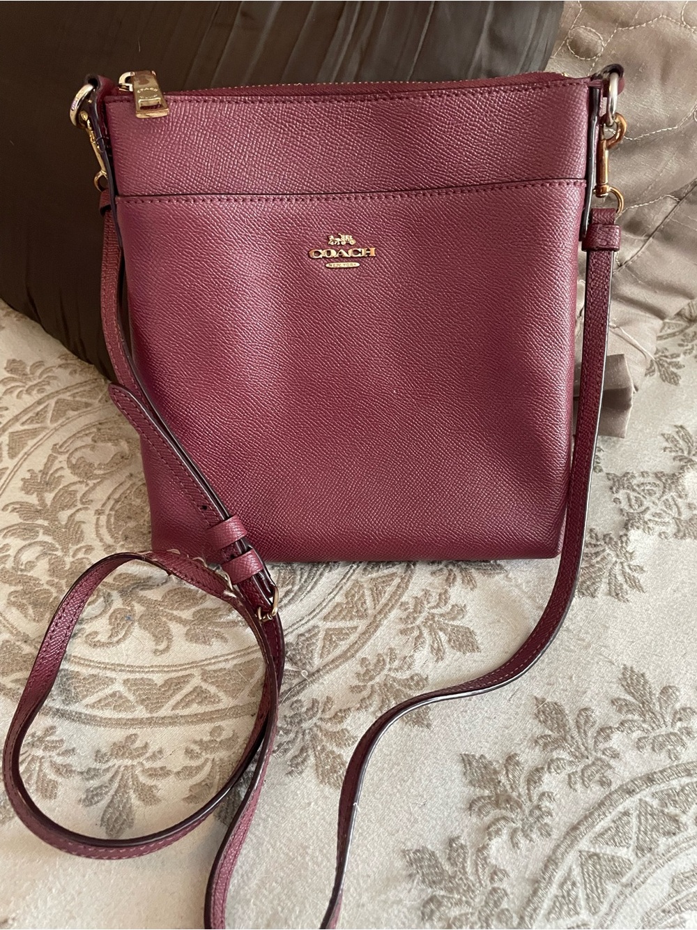 COACH Pebbled Leather Crossbody in Burgundy with Gold Hardware